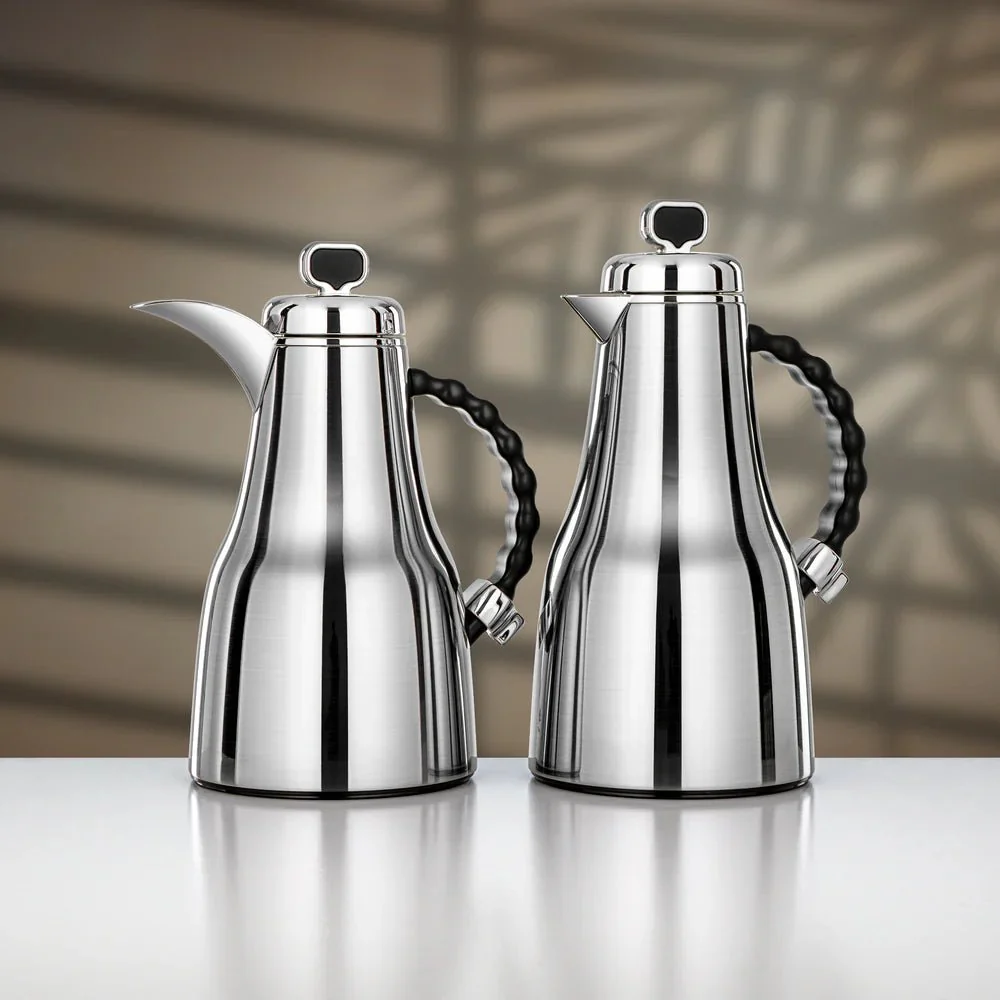 Almarjan 2 Pieces Vacuum Flask Set, Brushed Silver & Black