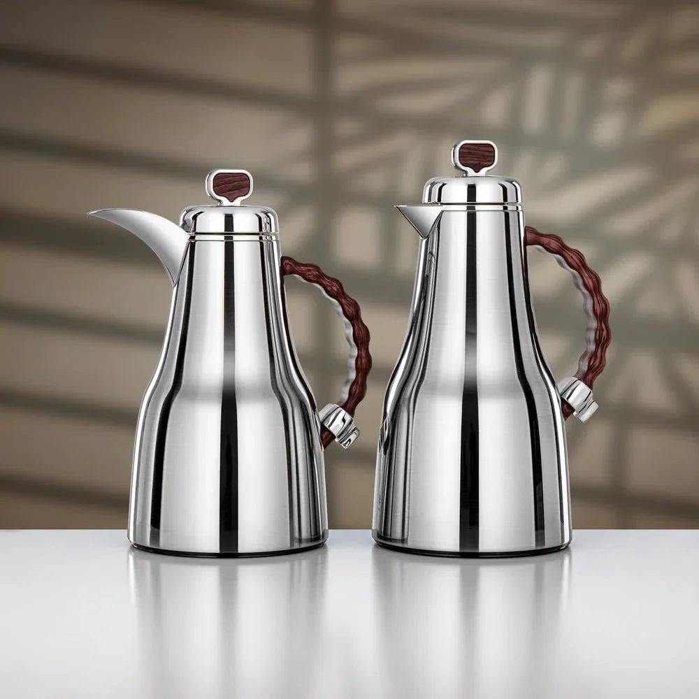Almarjan 2 Pieces Vacuum Flask Set, Brushed Silver & Dark Wood