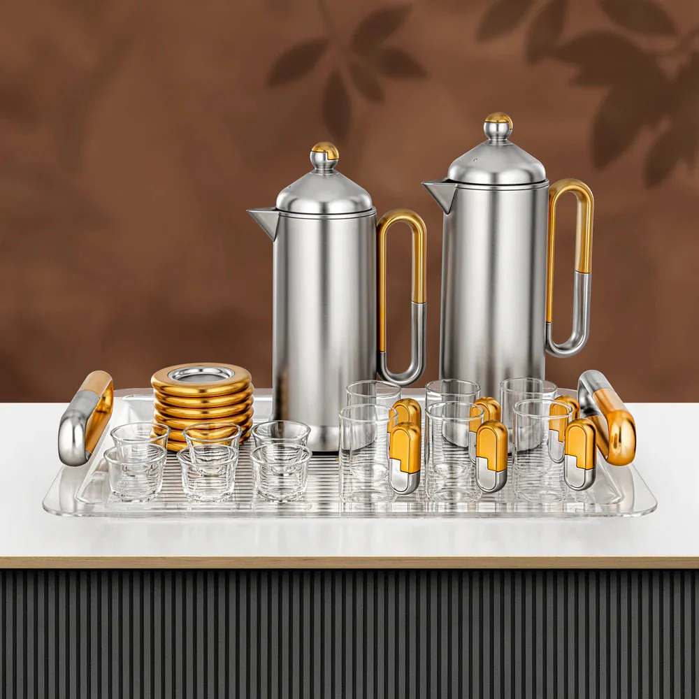 Almarjan 21 Pieces Tea & Coffee Serving Set, Matt Nickel & Matt Gold
