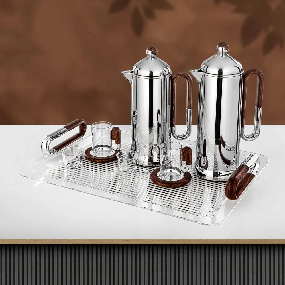 Almarjan 21 Pieces Tea & Coffee Serving Set, Silver & Dark Wood - Image 2
