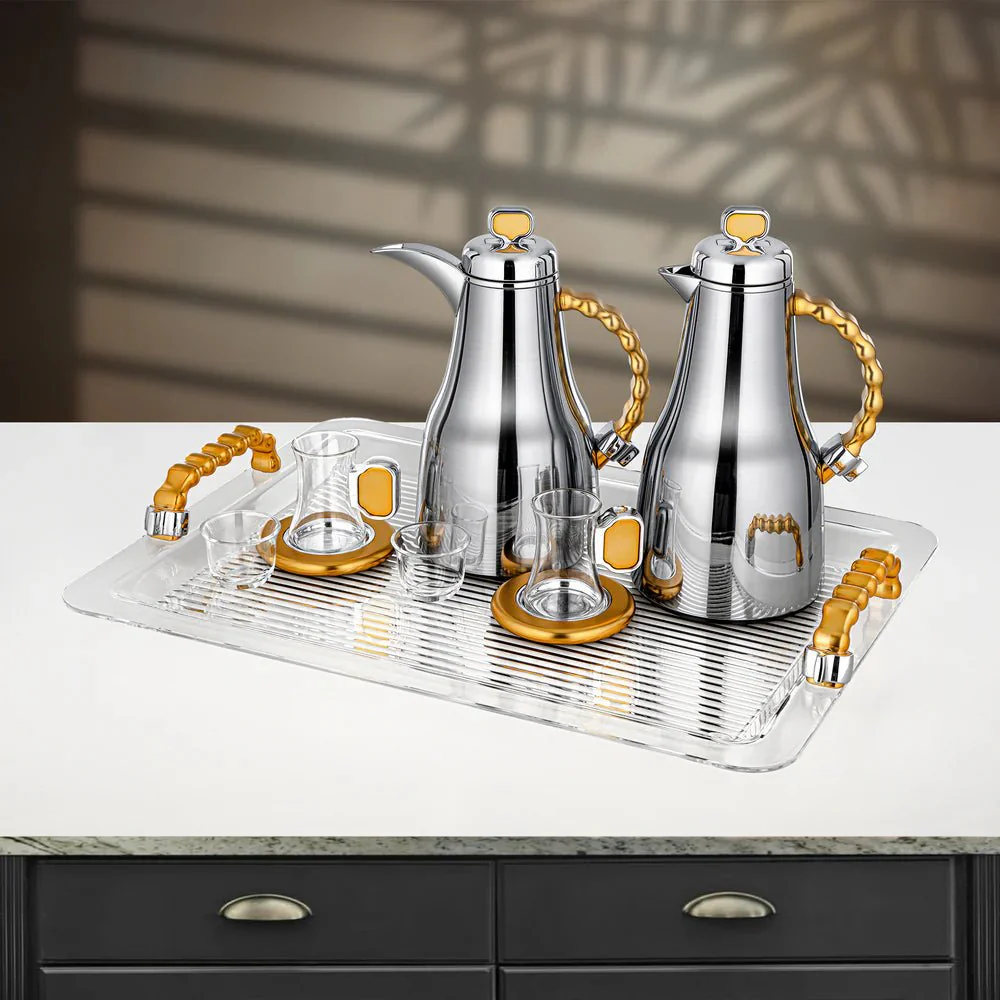 Almarjan 21 Pieces Tea & Coffee Set, Brushed Silver & Matt Gold