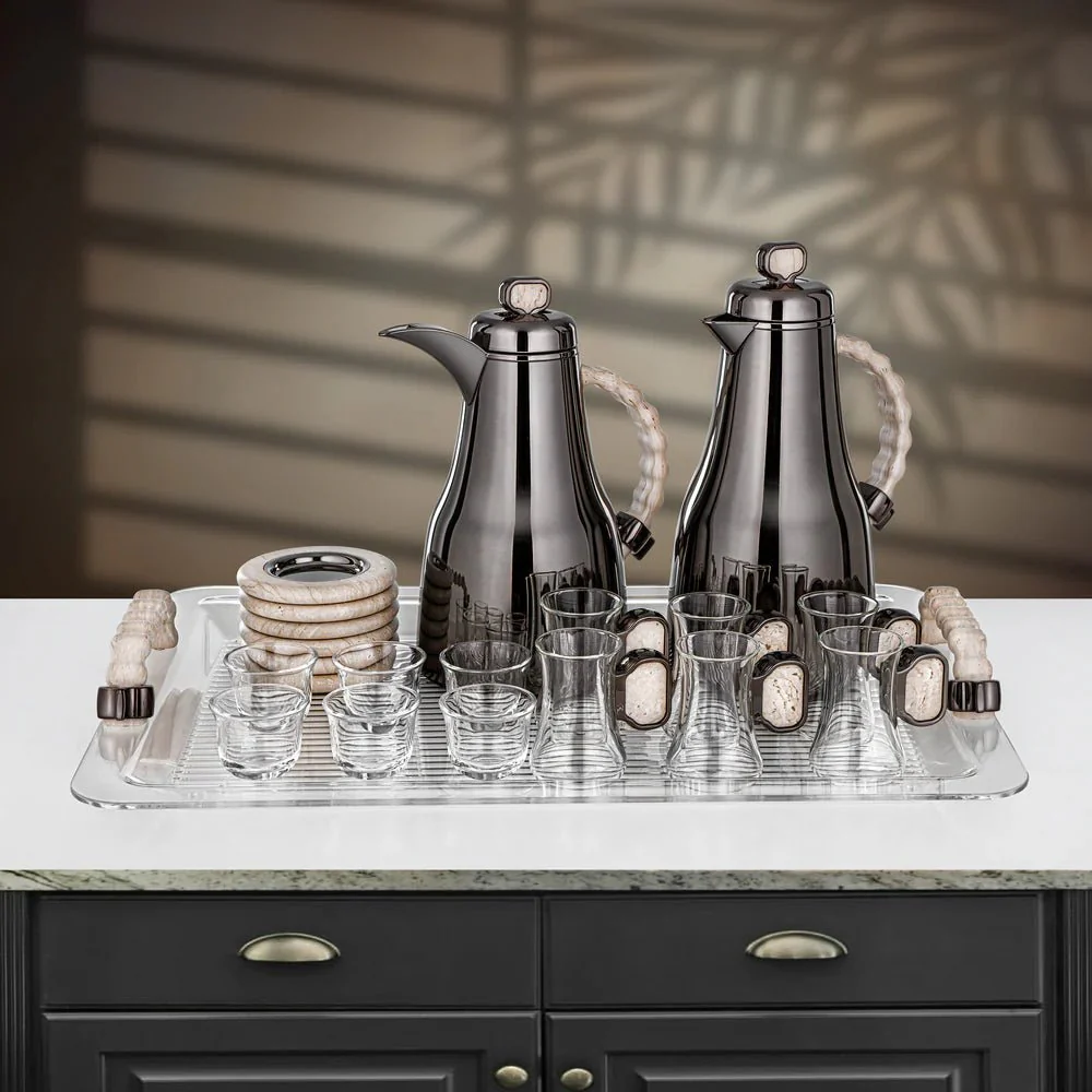Almarjan 21 Pieces Tea & Coffee Set, Gun Black & Travertine Marble - Image 2