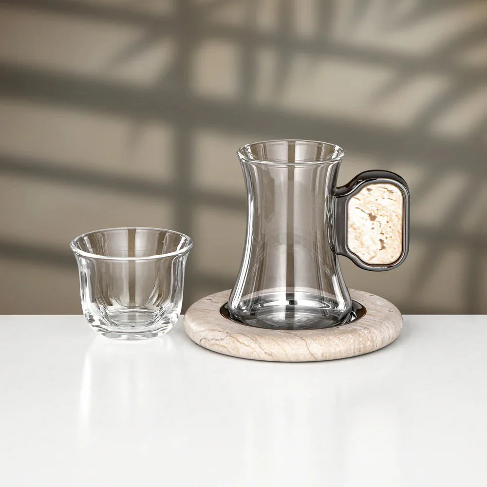 Almarjan 21 Pieces Tea & Coffee Set, Gun Black & Travertine Marble - Image 3