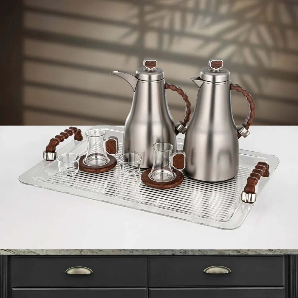 Almarjan 21 Pieces Tea & Coffee Set, Matt Nickel & Dark Wood