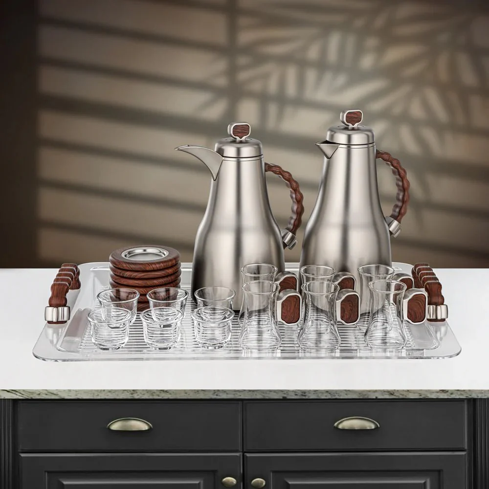 Almarjan 21 Pieces Tea & Coffee Set, Matt Nickel & Dark Wood - Image 2