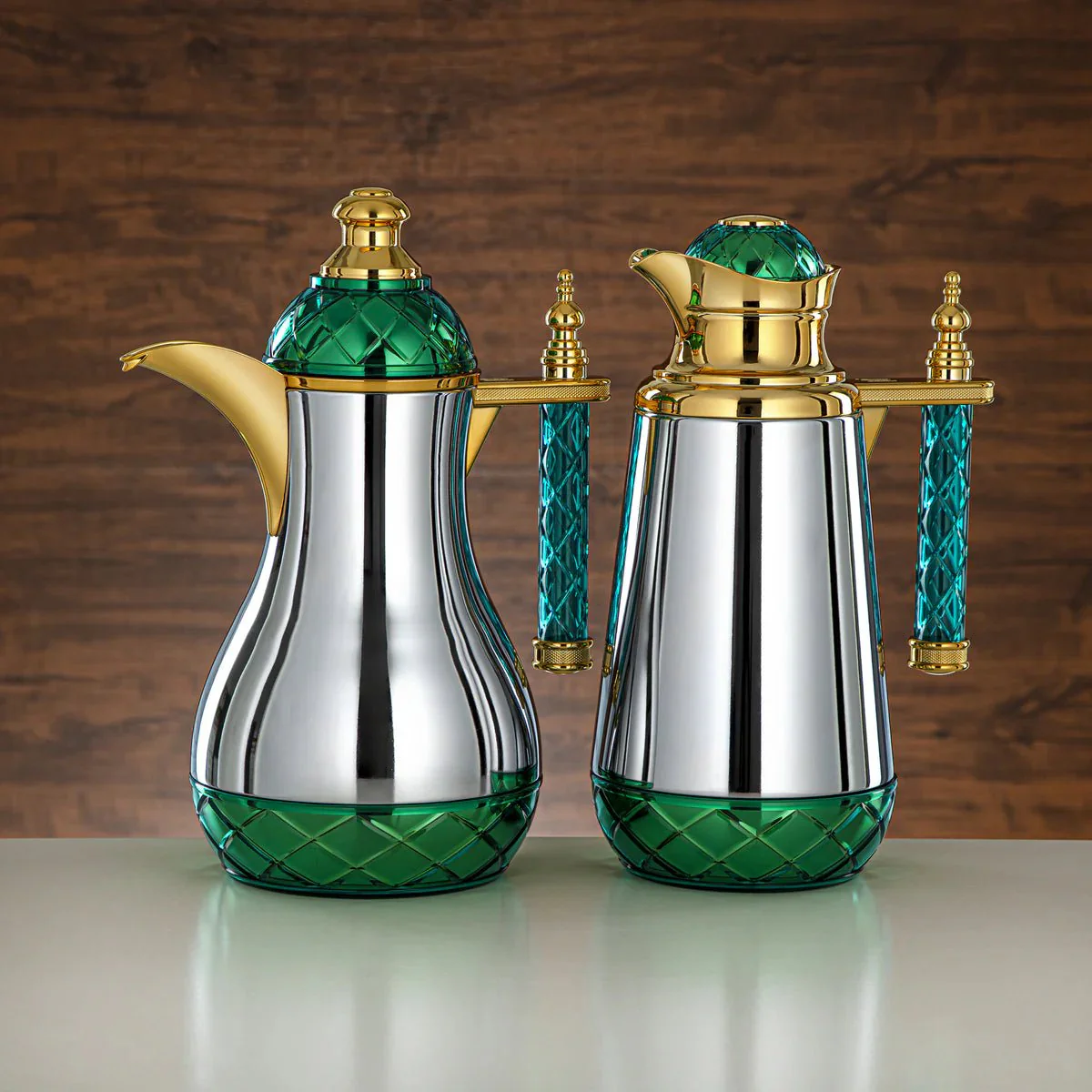 Almarjan 2pcs Vaccum Flask 0.7L+1L, Keeps Tea & Coffee Hot & Cold for 8hr, White/Green/Gold, Push Button, Acrylic Handle
