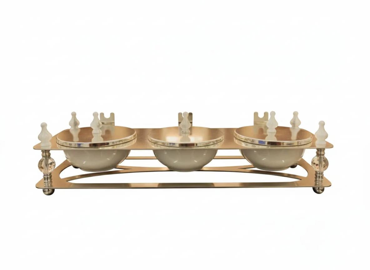 ALMARJAN 3-Piece Ceramic Candy Pot Set with Elegant Silver Metal Holder – White & Silver Decorative Serving Dish for Sweets, Dry Fruits, and Snacks – Luxury Table Decor 43x15x11 cm - Image 2