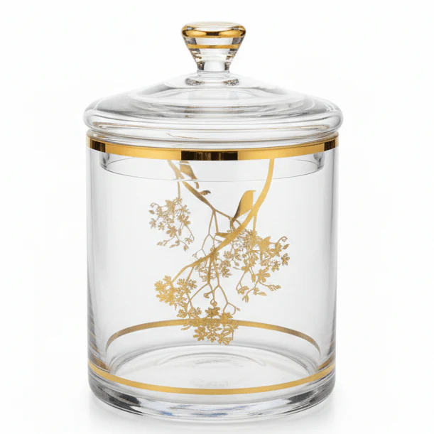 Almarjan Gold Botanical Lidded Glass Jar — Timeless Elegance for the Modern Home | 12.5×12.5cm