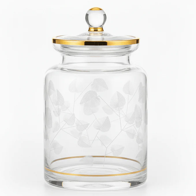 Almarjan Cylindrical Glass Candy Pot | Gold-Rimmed Botanical Elegance | 17×10cm