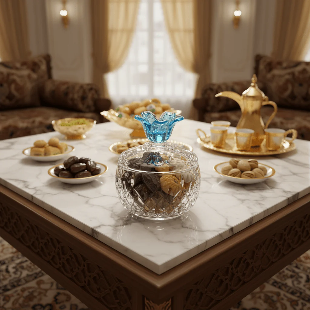 Almarjan Diamond-Cut Glass Candy Bowl with Decorative Blue Floral Lid for Luxury Table Display – 11 × 10 cm - Image 2
