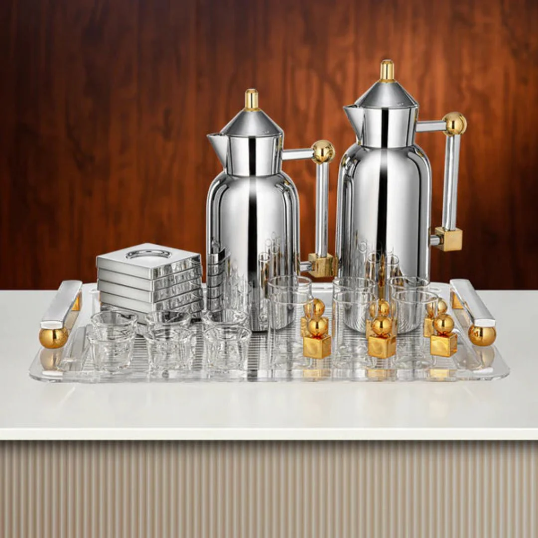 Almarjan Elegant Silver & Gold 21-Piece Tea and Coffee Serving Collection for Modern and Classic Tables