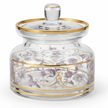 Almarjan Elegant Floral Glass Candy Pot | Gold-Rimmed Lidded Jar | 12×10cm