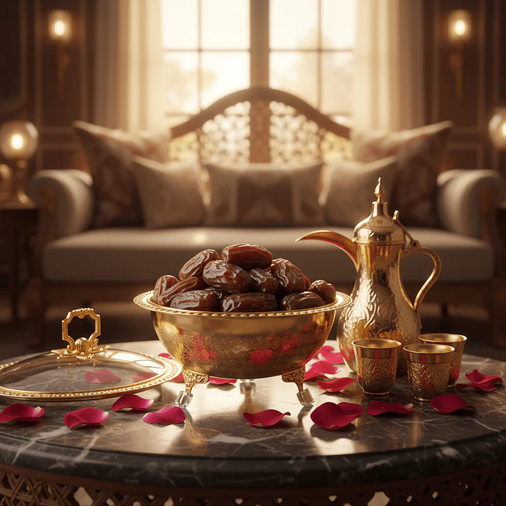 Almarjan Luxury Gold Metal Dates Bowl with Elegant Glass Lid for Premium Serving & Display – 20cm - Image 2