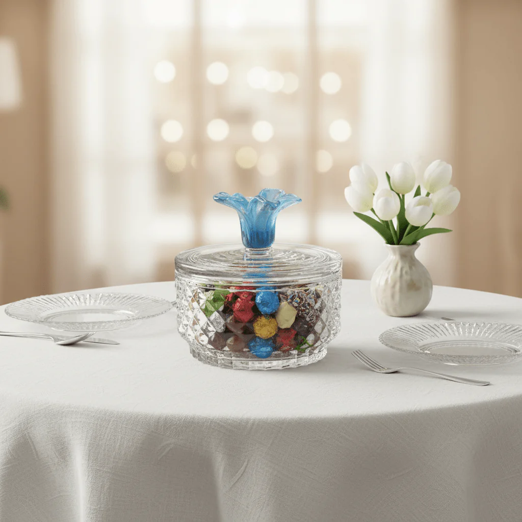Almarjan Premium Diamond-Cut Glass Candy Bowl with Elegant Blue Floral Lid for Home Décor & Serving – 15 × 9 cm - Image 3