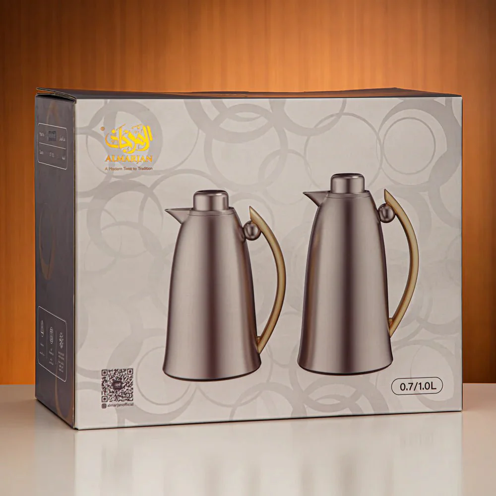 Almarjan Premium Vacuum Flask Pair (0.7L & 1L) – Pearl White with Gold Accents - Image 2
