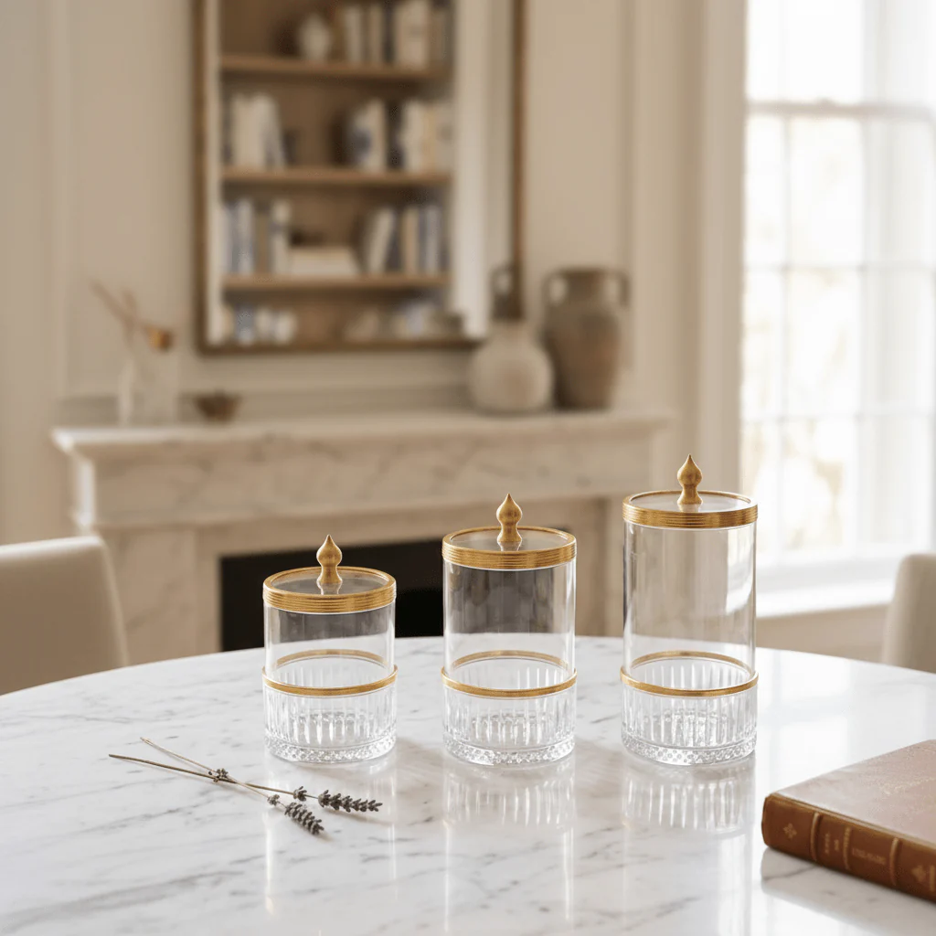 Ameco 3-Piece Clear Crystal Glass Canister Set with Gold Lid | Premium Storage Jars for Kitchen, Vanity & Home Décor 13*16*19cm - Image 2