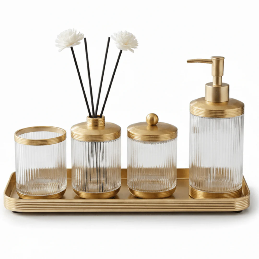 Ameco 4-Piece Ribbed Clear Glass & Gold Bathroom Accessory Set