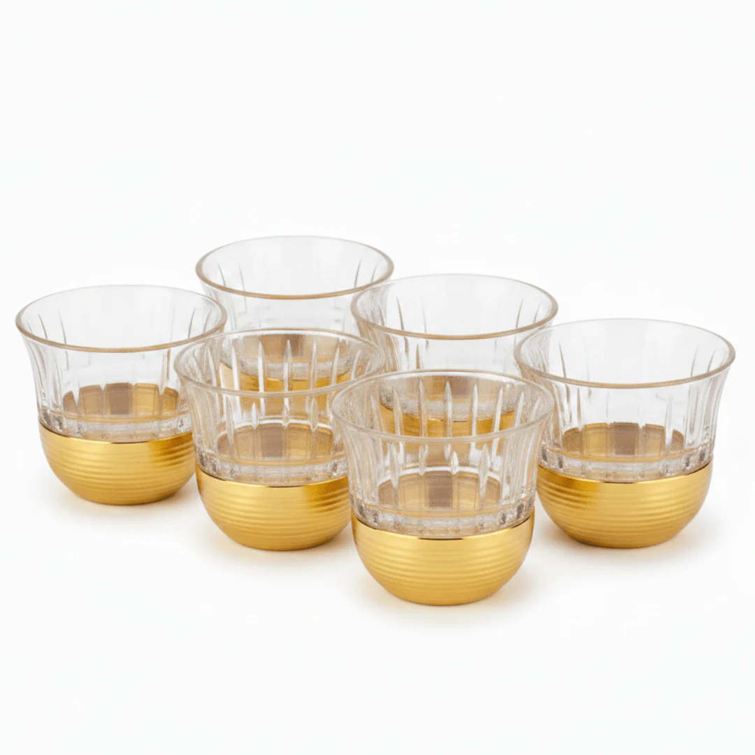 Ameco Crystal Glass & Gold Cawa Cup Set | 6 Pieces | 60ml — Premium Arabic Coffee Cups