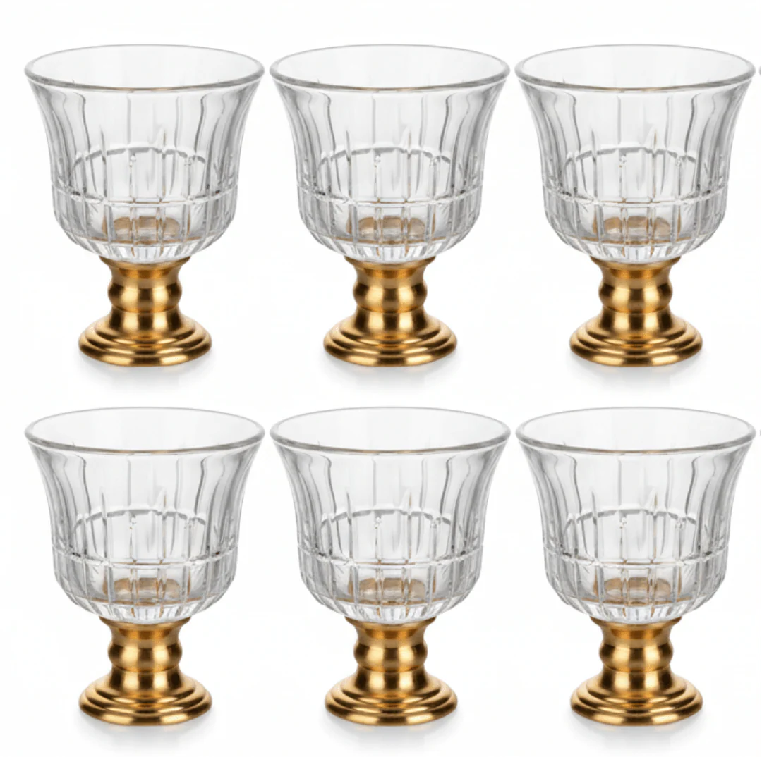 Crystal & Gold Footed Cawa Cup Set — 6 Pieces | 80ml | Premium Arabic Coffee Glasses