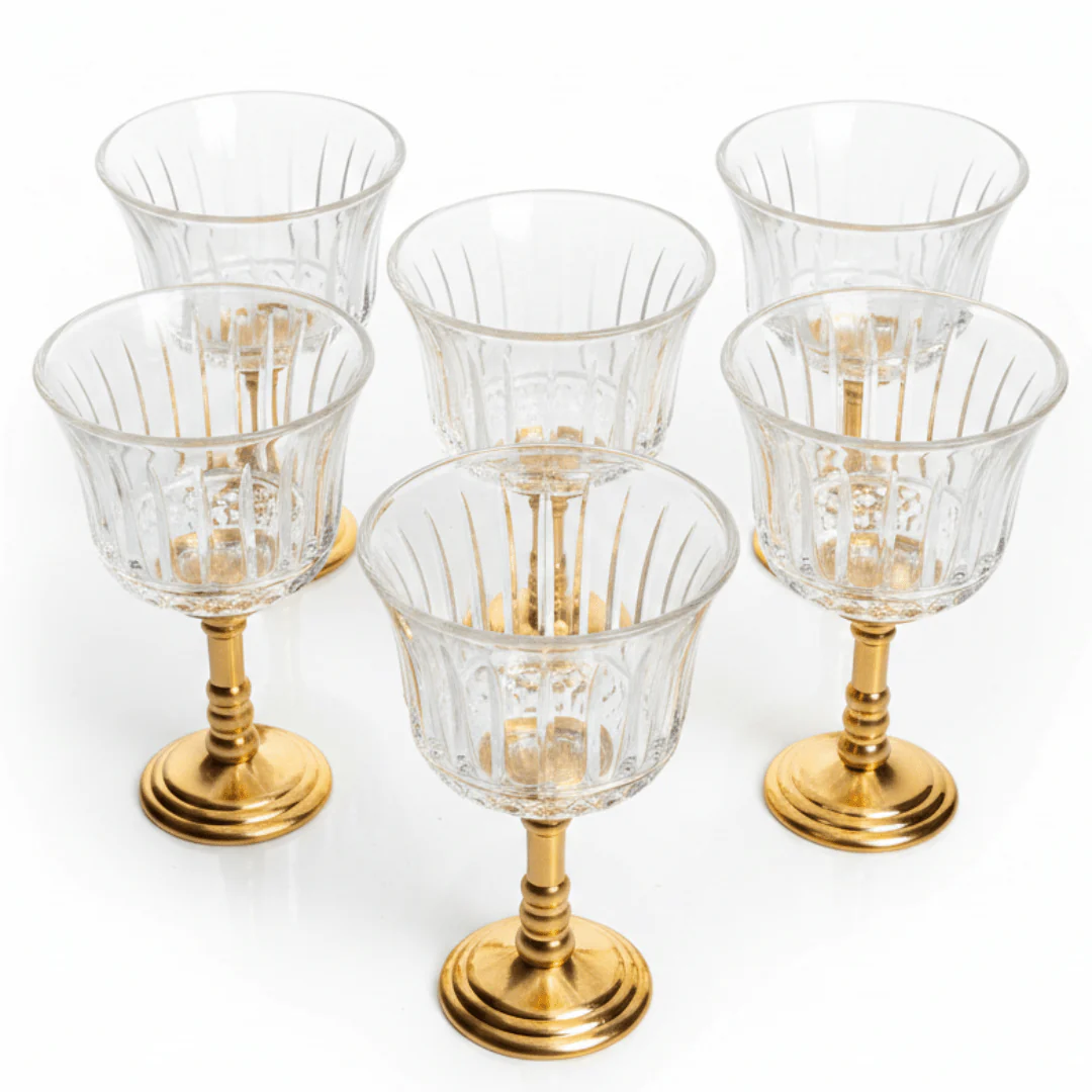 Ameco Crystal Cawa Cup Set | 6 Pcs | Gold Metal Footed Base | 80ml |