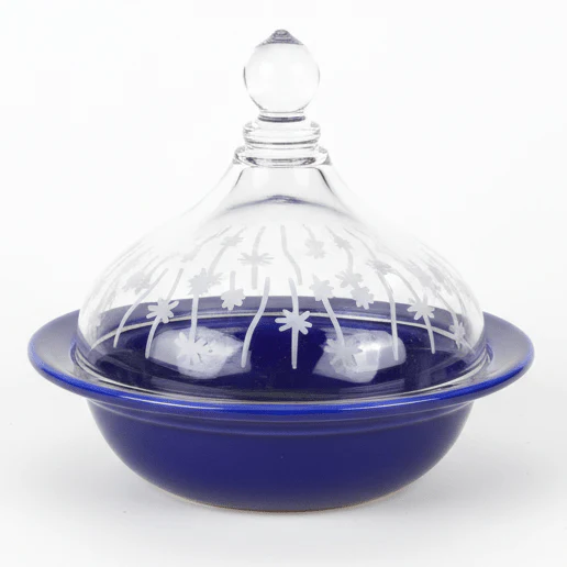 Ameco Blue Ceramic Mini Tajine Dish with Acrylic Lid – Traditional Moroccan Style Tajine for Serving Sauces, Appetizers and Small Portions – 14 × 12 cm