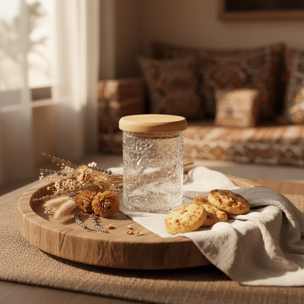 Ameco Crackle Glass Canister with Acacia Wooden Lid | Airtight Kitchen Storage Jar | 500ml / 1000ml | - Image 3