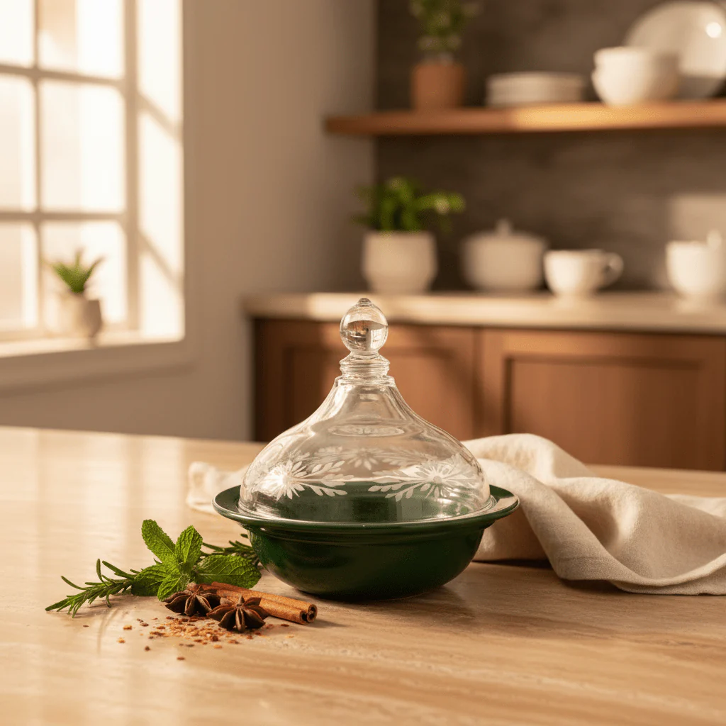 Ameco Green Ceramic Decorative Tajine Dish with Acrylic Lid – Moroccan Style Mini Tajine for Serving Snacks, Sauces and Appetizers – 14 × 12 cm - Image 2