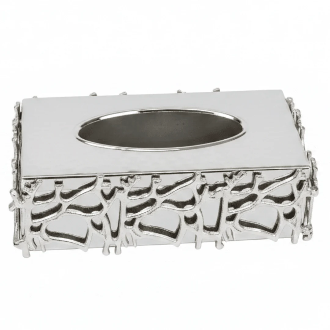 Ameco Luxury Silver Metal Tissue Box Holder with Elegant Modern Decorative Design for Home Office Majlis and Hotel Table Décor 25×13 cm