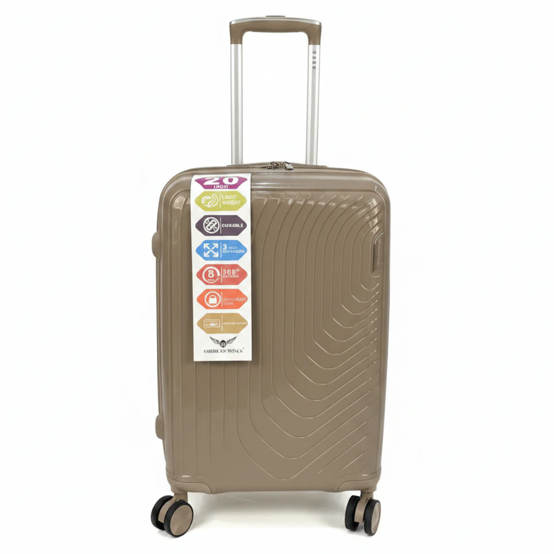 American Wings Lightweight Hard Shell Carry-On 20 Inch Trolley Bag | Champagne Brown | 360° Spinner Wheels |