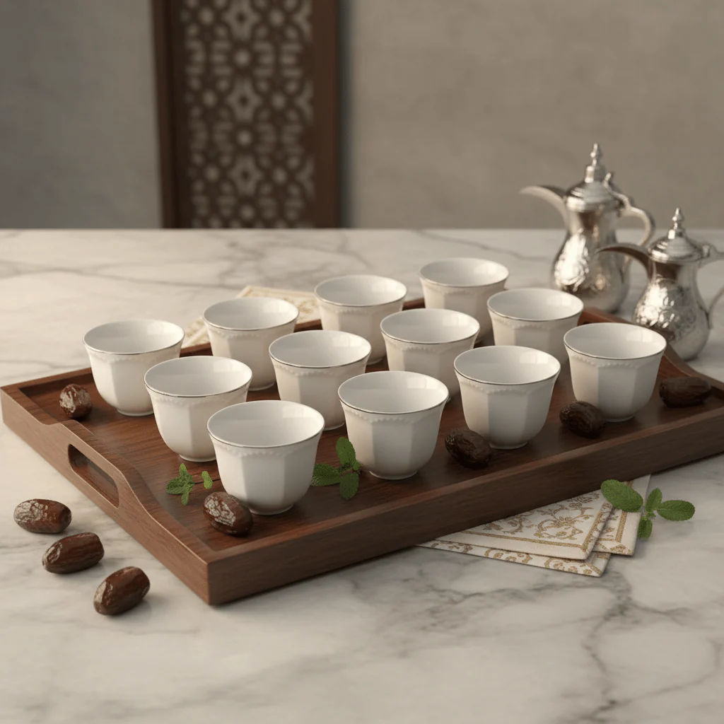 Angela 12pcs White Ceramic Cawa Coffee Cup Set with Elegant Silver Rim Finish 80ml Premium Small Arabic Espresso Style Cups for Tea and Coffee Serving - Image 2