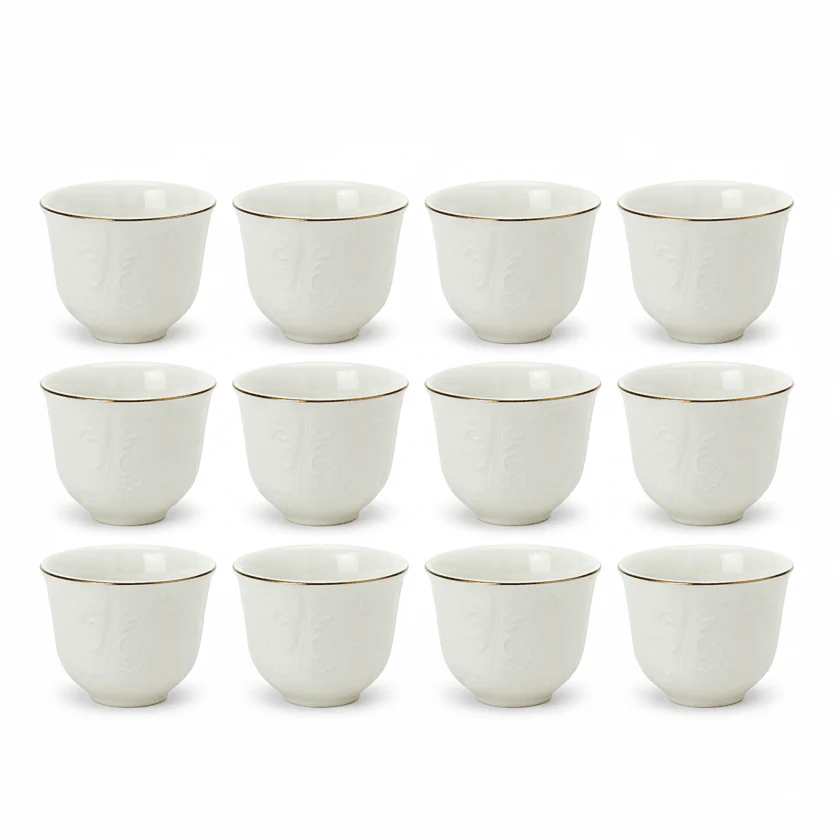 Angela 12pcs White Elegant Ceramic Cawa Cup Set with Luxury Golden Rim Finish 80ml Small Demitasse Style Cups for Coffee Tea and Guest Serving