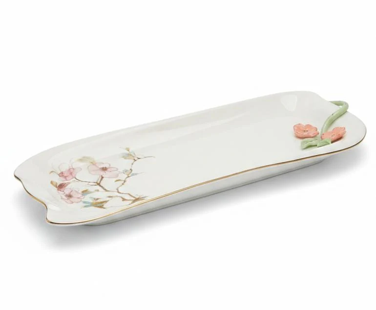 Angela Floral Classic Rectangular Ceramic Serving Tray – White (40×15 cm)
