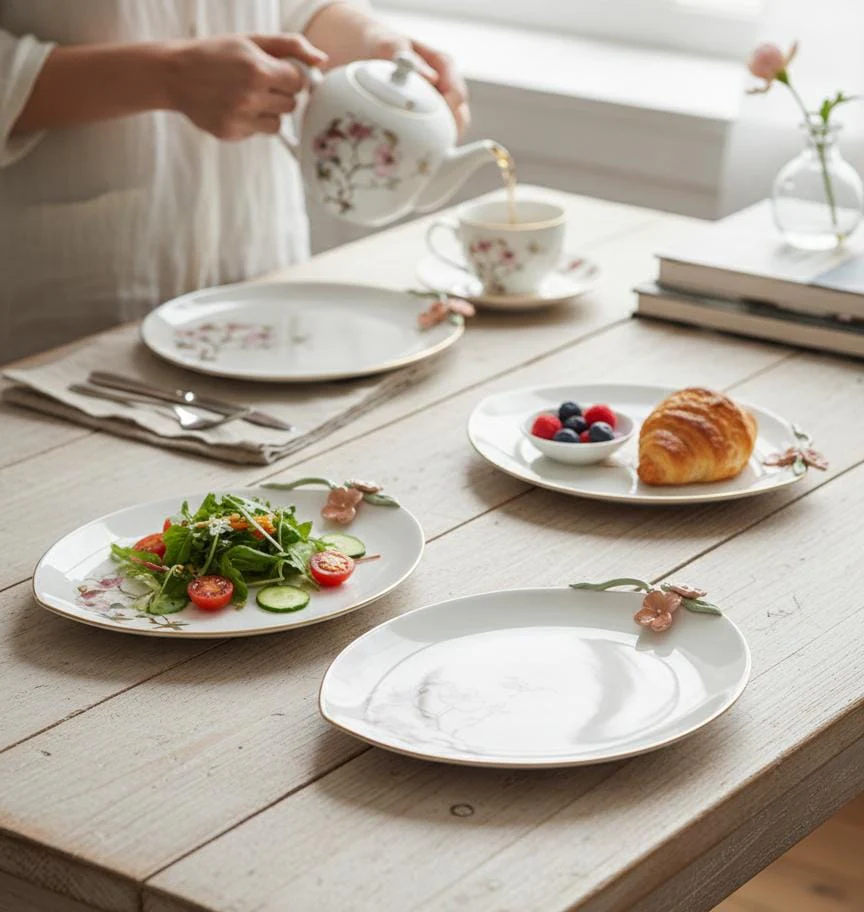 Angela Floral Elegance 3-Piece Ceramic Serving Plate Set – White (25×30 cm) - Image 3