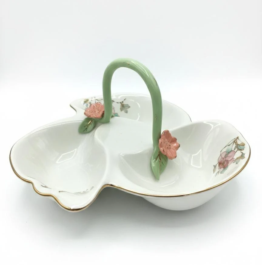 Angela Floral Trio 3-Section Ceramic Candy Basket – White (20 cm)