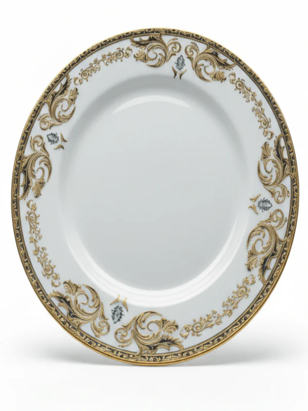 Angela Porcelain Dinner Plate 25 cm – White with Elegant Gold Flower Pattern, Premium Porcelain