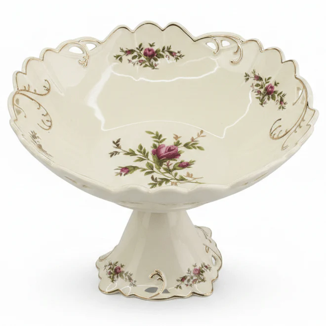 Angela Premium Round Footed Cream Ceramic Fruit Serving Bowl with Floral Design 30×20 cm Centerpiece Bowl