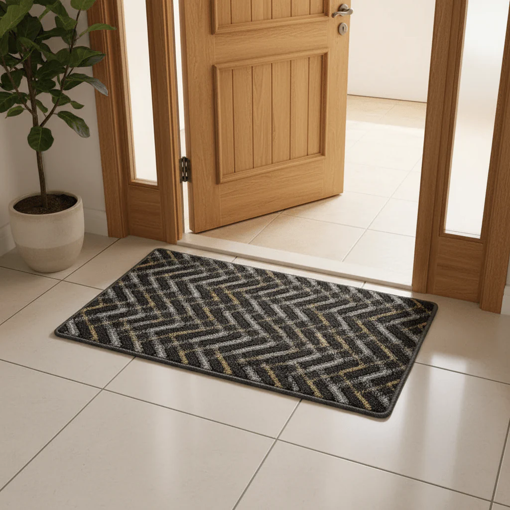 Anti-Slip Rectangle Door Mat 62×38 cm | Chevron Zigzag Pattern | Charcoal, Olive & Silver | Indoor & Outdoor Entrance Rug for Home, Kitchen & Villa - Image 2