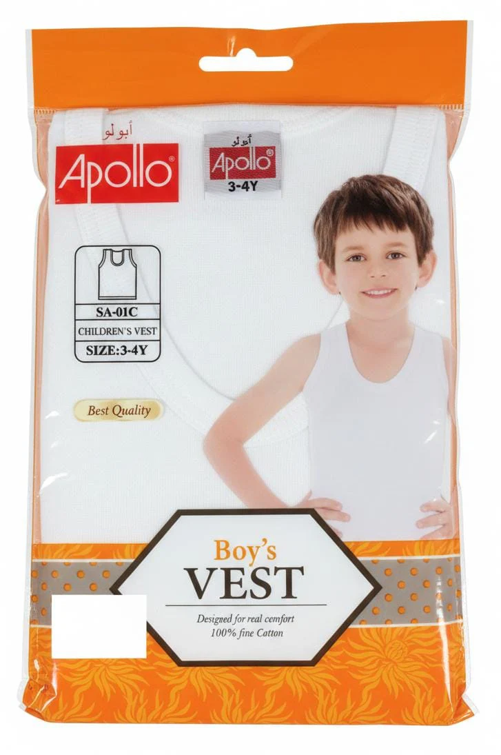 Apollo Boys Pure Cotton Sleeveless Vest, Gentle on Skin, White Color, Daily Innerwear, 3–4 Years