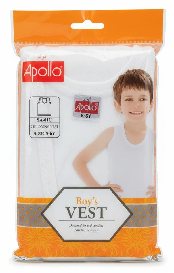 Apollo Boys Pure Cotton Sleeveless Vest, Lightweight & Comfortable, White Color, Boys Innerwear, 5–6 Years