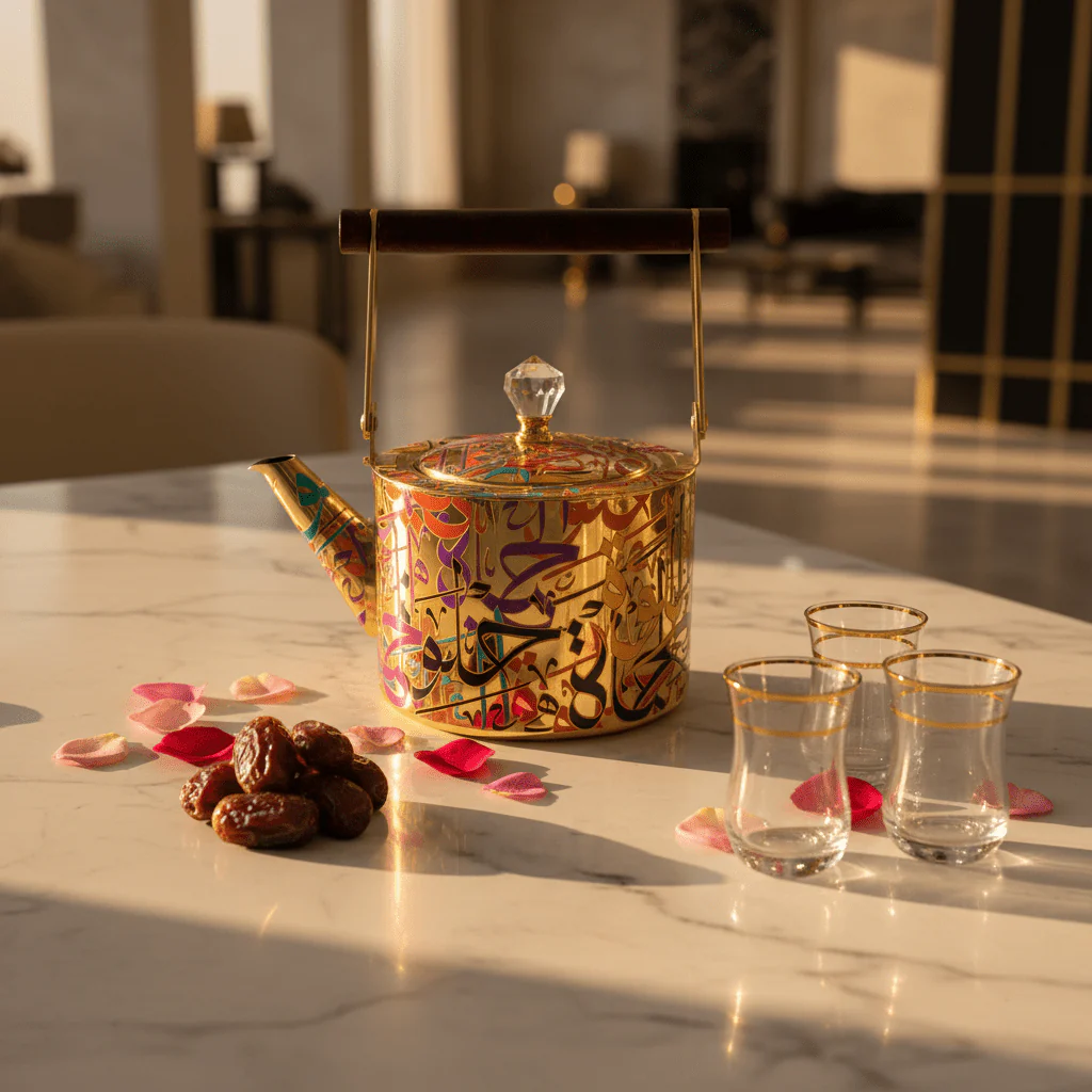 Arabic Calligraphy Gold Metal Tea Kettle | Elegant Wooden Handle & Crystal Lid | 1 Litre / 1.5 Litre | Premium Majlis Hospitality Gift - Image 2