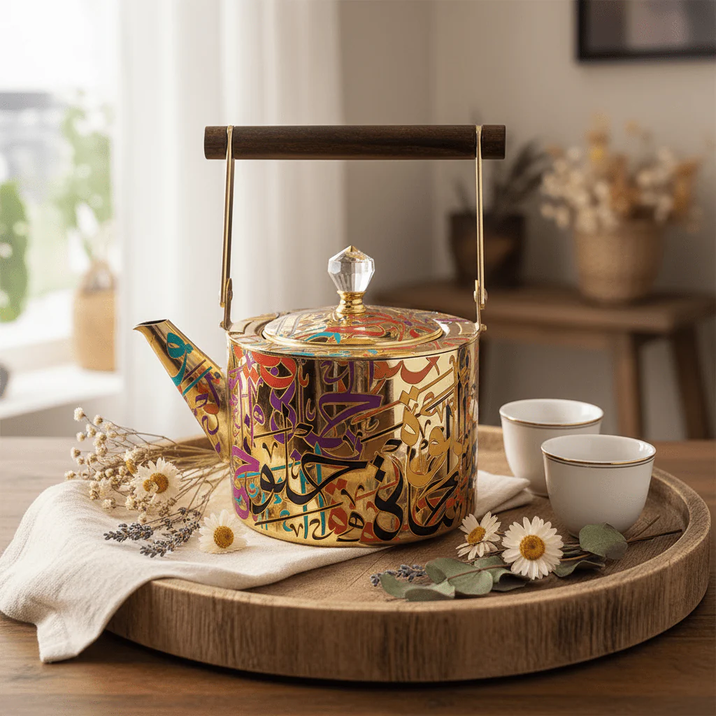 Arabic Calligraphy Gold Metal Tea Kettle | Elegant Wooden Handle & Crystal Lid | 1 Litre / 1.5 Litre | Premium Majlis Hospitality Gift - Image 3