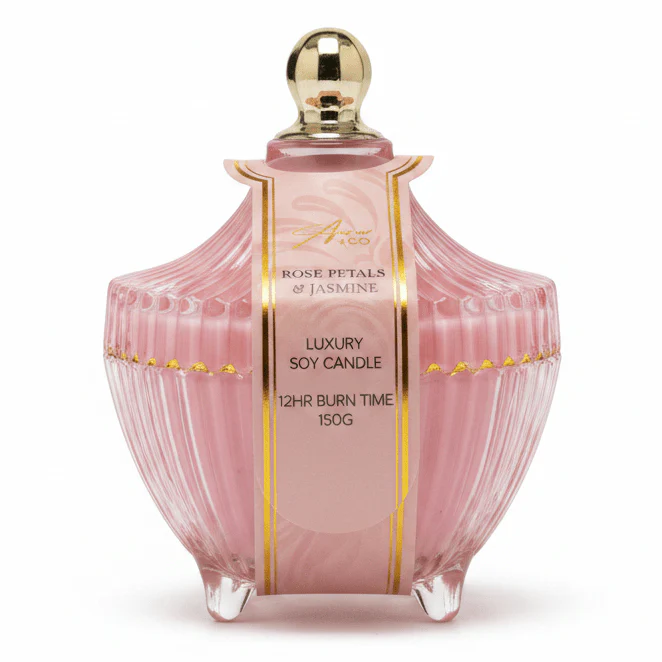 AURA+CO Luxury Scented Candle | Glass Jar with Lid | 12-Hour Burn Time | 10×10cm | Rose Petals & Jasmine / French Vanilla