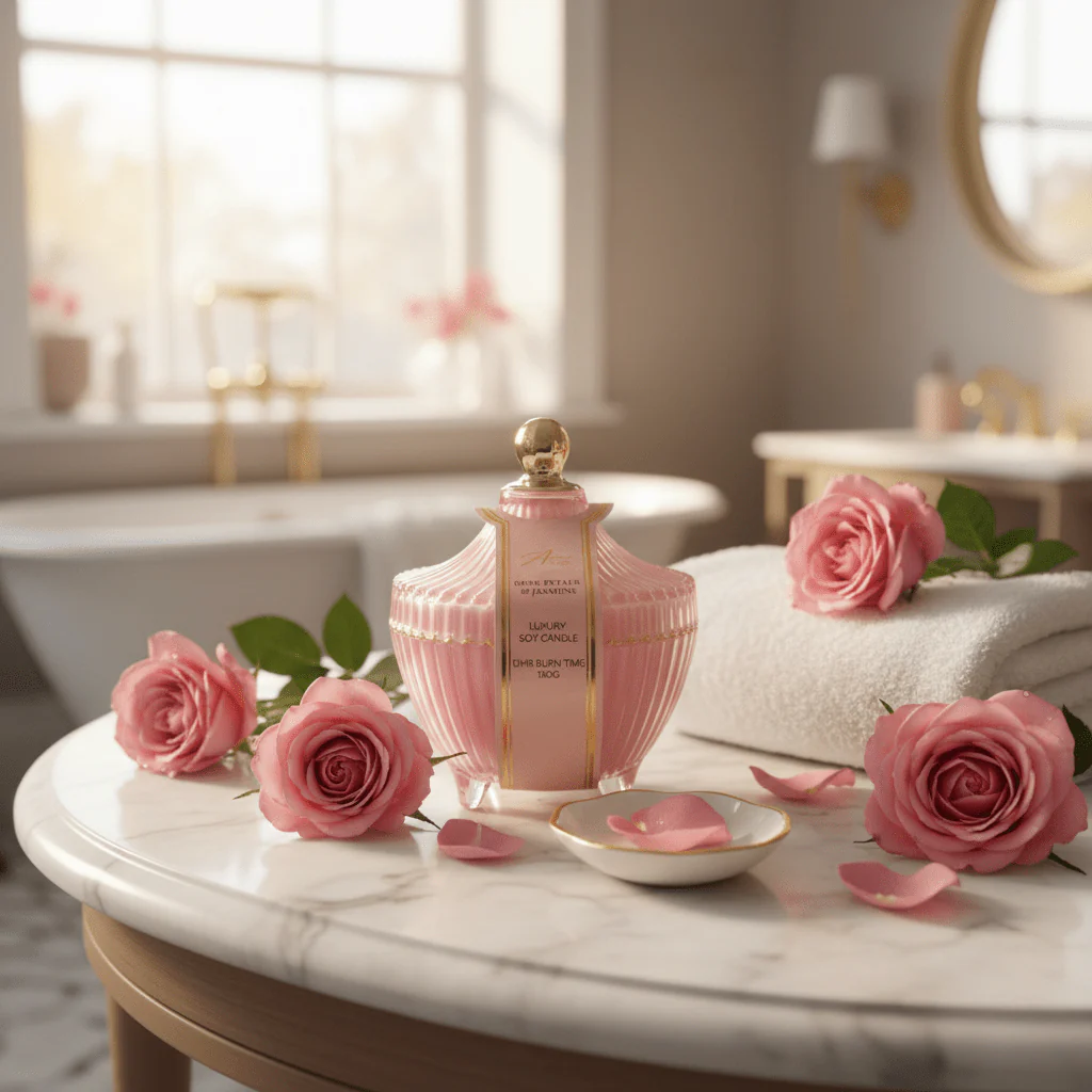 AURA+CO Luxury Scented Candle | Glass Jar with Lid | 12-Hour Burn Time | 10×10cm | Rose Petals & Jasmine / French Vanilla - Image 3