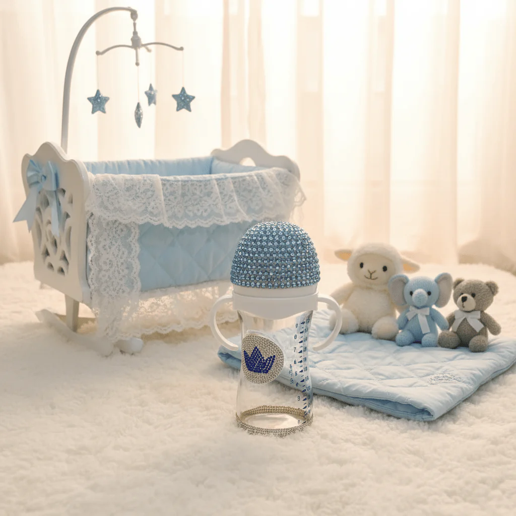Crystal Crown Baby Glass Feeding Bottle – 240ml | Blue Diamond Edition - Image 4