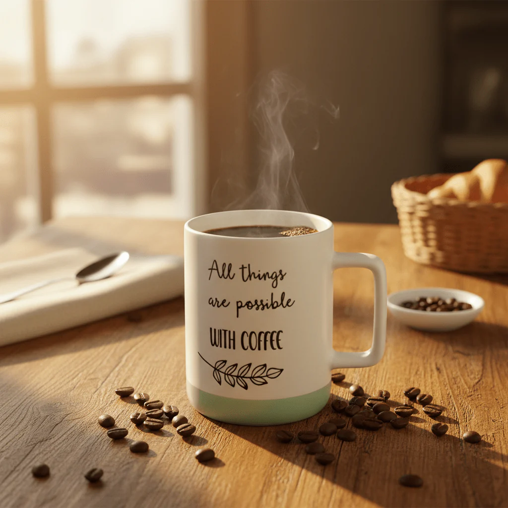 Baytix "All Things Are Possible With Coffee" White & Sage Green Ceramic Mug | 400ml - Image 2