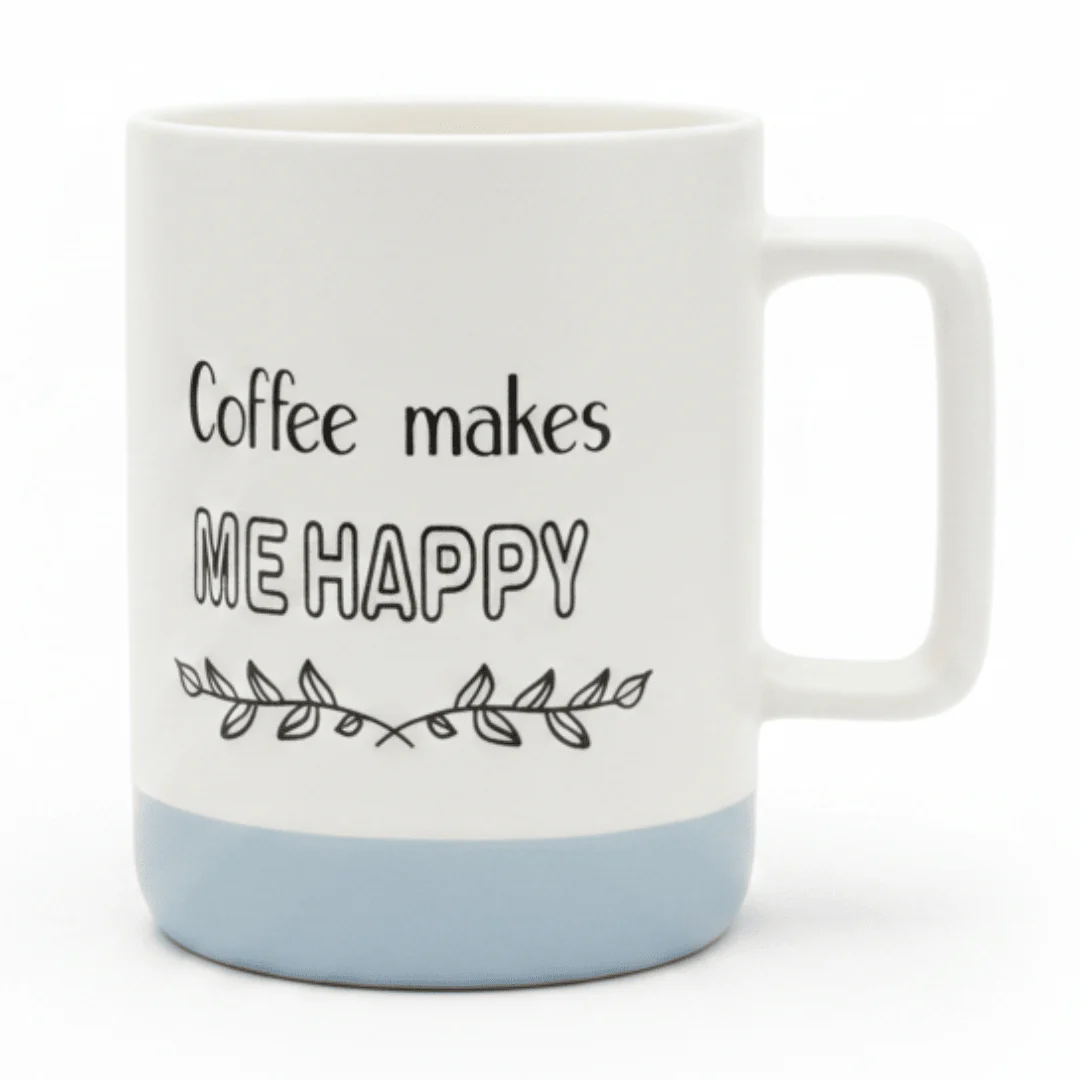 Baytix "Coffee Makes Me Happy" White & Blue Ceramic Mug — 400ml