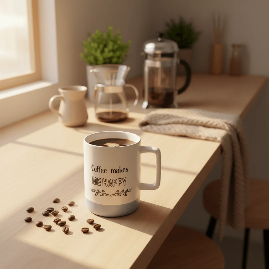 Baytix "Coffee Makes Me Happy" White & Blue Ceramic Mug — 400ml - Image 2