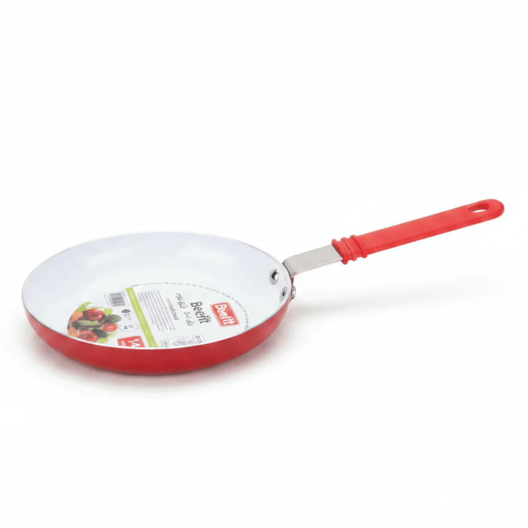 Beefit Red Mini Ceramic Coated Fry Pan 14cm – Non-Stick Metal Skillet with Silicone Handle for Eggs, Sauces & Single Servings