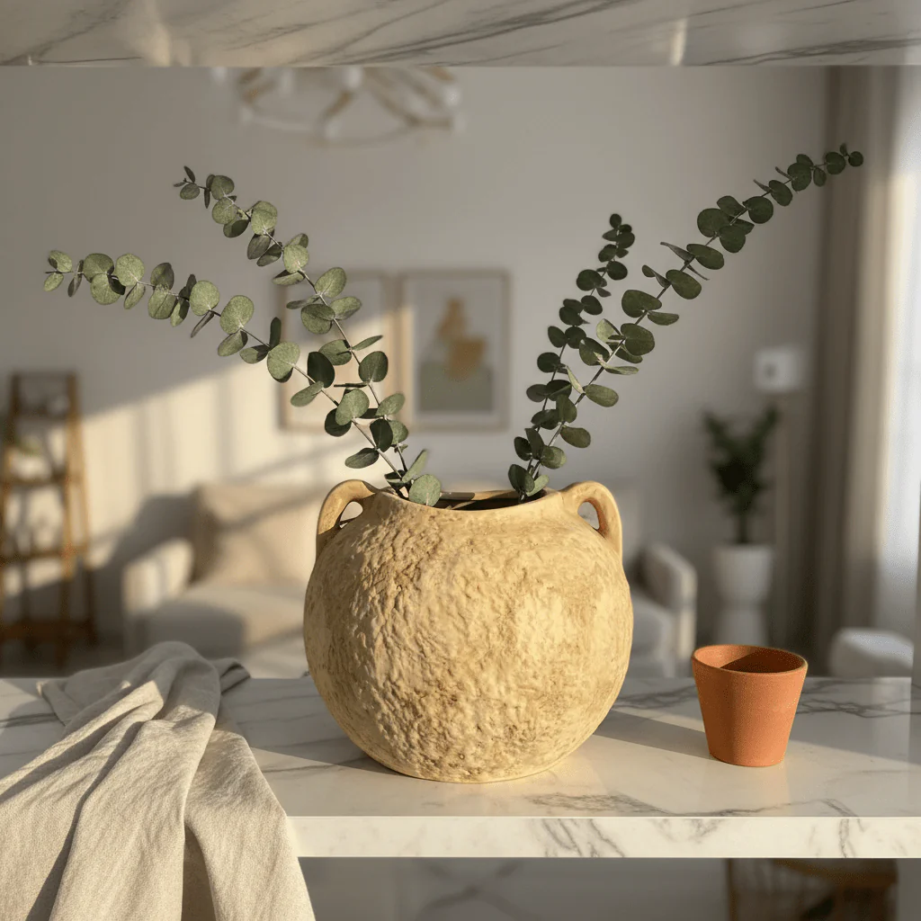 Beige Ceramic Vase with Dual Handles | Rustic Textured Finish | Round Bulbous Body | Home Décor Accent Piece | 20 × 13 cm - Image 3