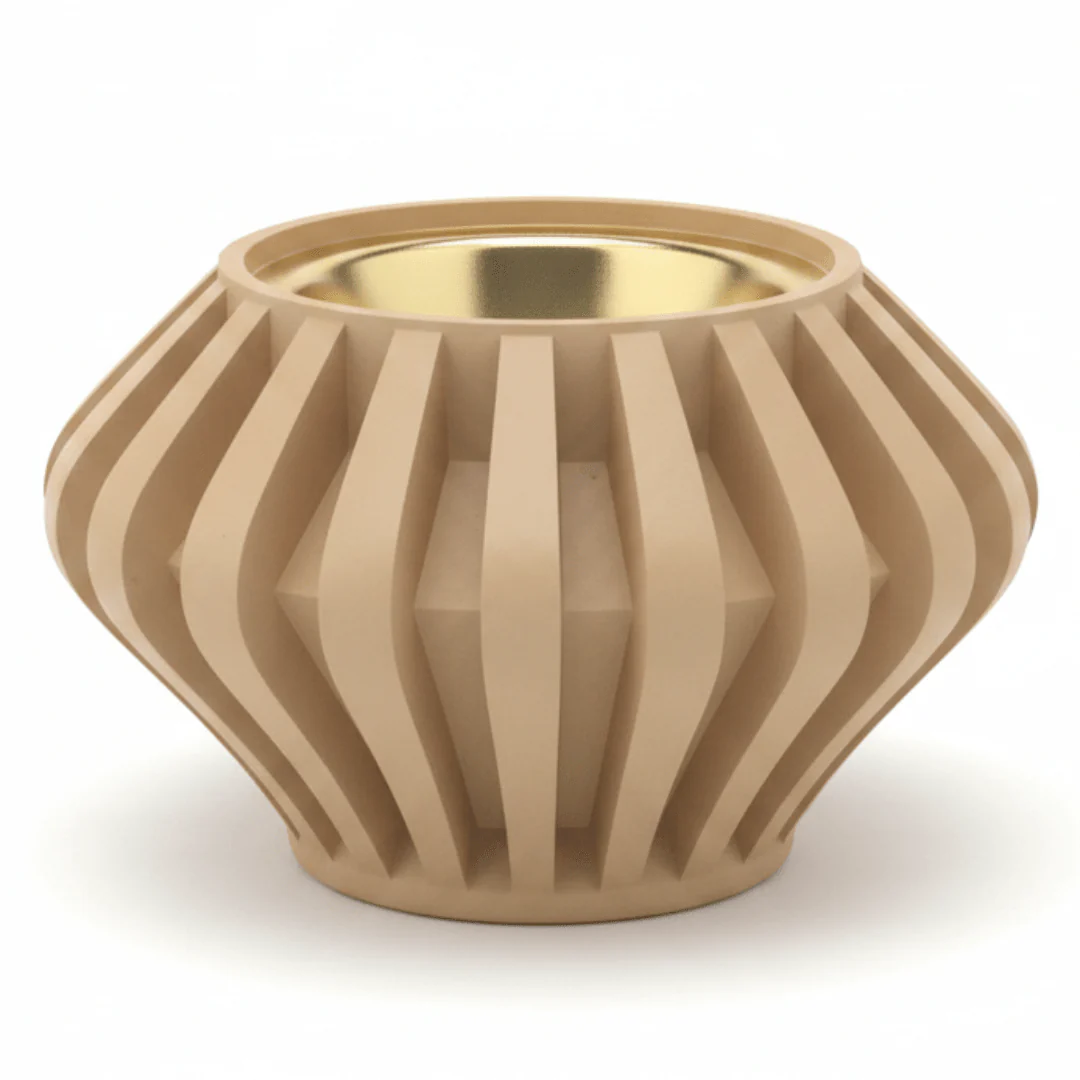 Beige Chalk Incense Burner with Gold Brass Insert — Ribbed Geometric Design | 7cm
